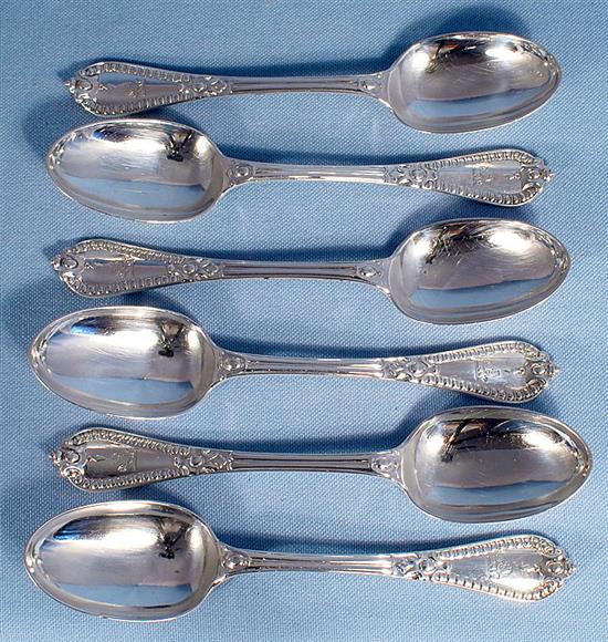 A set of six Victorian silver Grecian pattern dessert spoons, by George Adams, Length: 179mm, weight 12.1/378grms